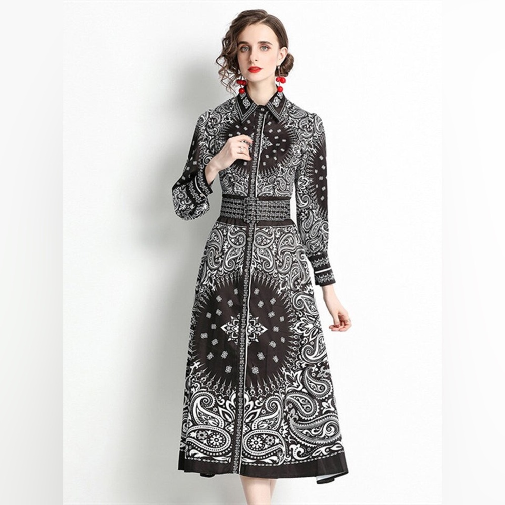 Flower Print Elegant Belted Long Flare Sleeve Dresses